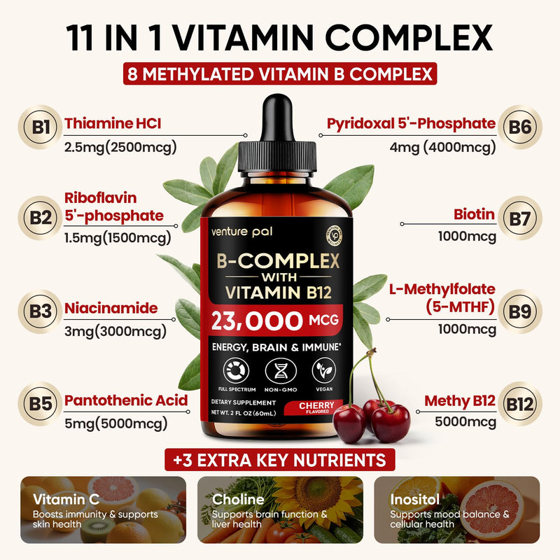 Vitamin B Complex 23000mcg - Methyl B12| B9 Folic|B7 Biotin,B1,B2,B3,B5,B6 | Vitamin B Complex Liquid Drops for Men & Women with Vitamin C, Choline & Inositol for Energy, Immune & Brain Support - 2Oz 2 Fl Oz (Pack of 1) V2-cherry