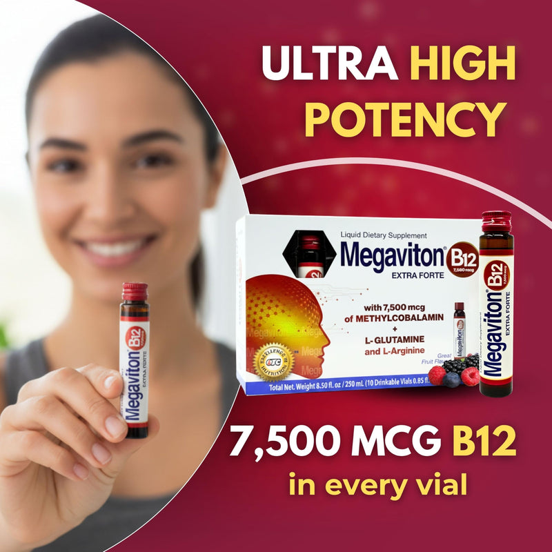 B12 Extra Forte 7500 mcg Liquid | 10 Drinkable Vials 8.50 fl oz | Methylcobalamin + L-Glutamine & L-Arginine | Energy, Focus, Immune & Nervous System Support