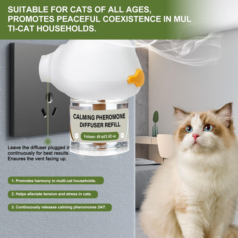 Cat Calming Diffuser, 4-in-1 Pheromone Refills for Anxious Cats, 120-Day Continuous Stress Relief for Multi-Cat Harmony A