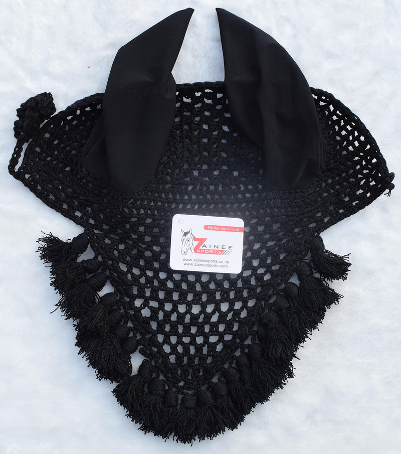 Horse Fly Bonnet Fringe Ear Nets Ear Cover Hat Hood Mask Flyveil Full Light Weight Handmade Polyester Full (Horse/Full, Black) HORSE / FULL - BeesActive Australia