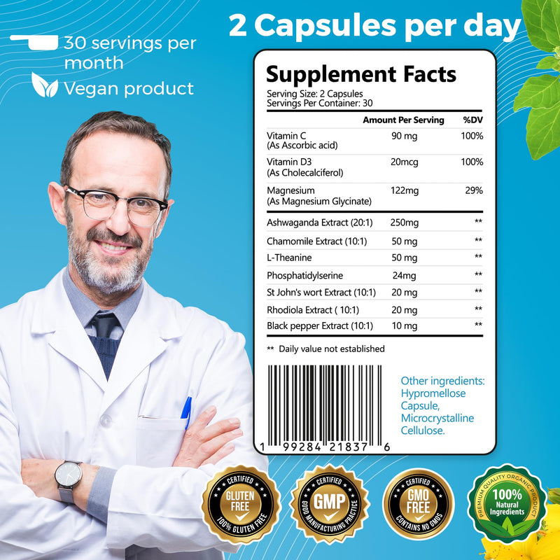 10-in-1 Cortisol Supplements with Magnesium, Ashwagandha, Chamomile, L-Theanine, St. John's Wort, Rhodiola, 60 Capsules, Cortisol Supplements For Women -& Men, Cortisol Reducer, High cortisol