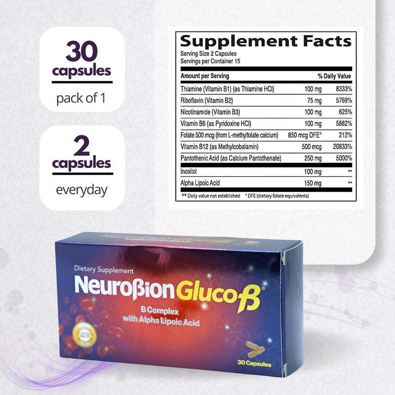 Neurobion Gluco B con Acido Alfa Lipoico Dietary Supplement B Complex with Alpha Lipoic Acid, Complejo B 30 Capsule