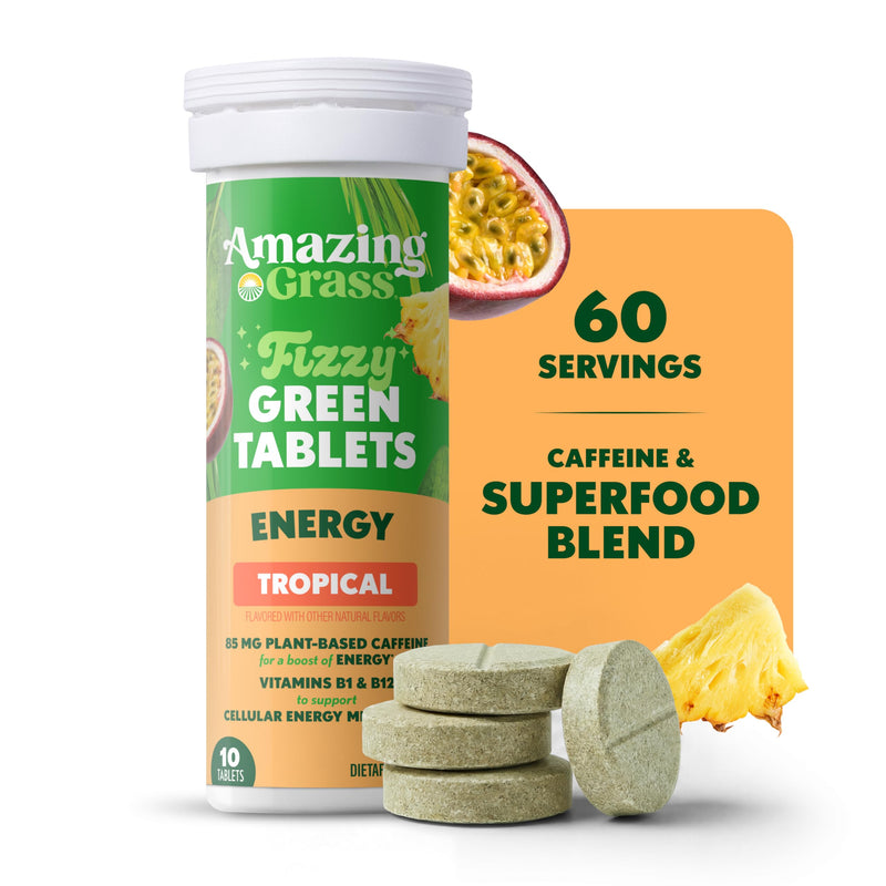 Amazing Grass Fizzy Green Energy Tablets, Caffeinated, Tropical, 60 Count | Effervescent Greens Tablet with 85mg Plant-Based Caffeine, 1 Serving of Fruits & Veggies, Vitamins B1 & B12 Energizing Tropical 10 Count (Pack of 6)