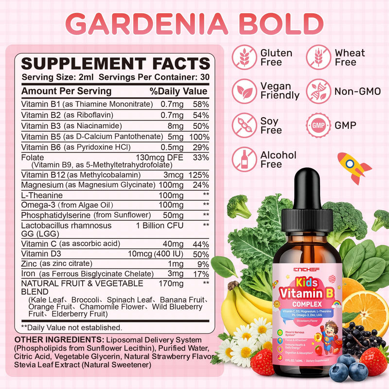 Vitamin B Complex for Kids, B1, B2, B3, B6, B9(Folate), B12, Omega-3 & Magnesium, Kids B Complex Liquid Supplement for Brain, Energy, Focus, Metabolism, Gut & Immune Support,Strawberry Flavor,4 fl oz Strawberry 1 Fl Oz (Pack of 2)