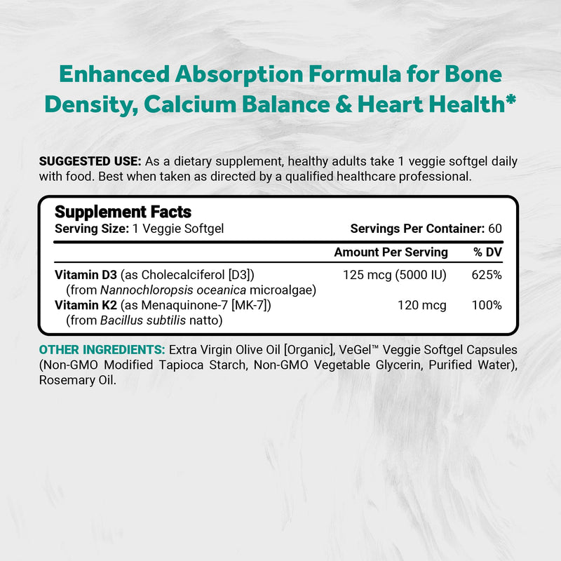 Naturalis Vegan Vitamin D3+K2 from Algae | 5000 IU D3 with 120mcg MK7 | Vegan Society Certified,Sustainably Sourced,Better Than Animal Derived | Better Support for Bone & Immune Health* | 60 Softgels 60 Count (Pack of 1)