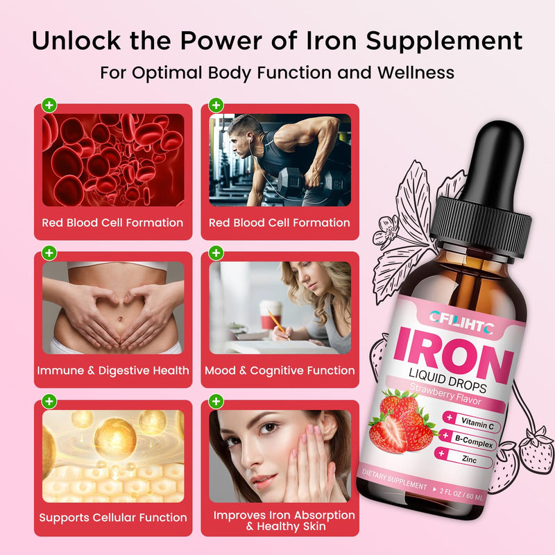 Liquid Iron Supplement for Women Men & Kids Multivitamin Iron Drops with Folate, Vitamin C, B6, B12, Zinc for Anemia, Iron Deficiency, Blood Builder, Energy - Natural Strawberry Flavor, Vegan 2 Fl Oz 2 Fl Oz (Pack of 1)