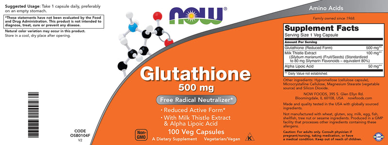 Now Glutathione 500 mg, 100 Vegan Capsules - Reduced Form GSH Supplement - Enhanced with Milk Thistle Extract and Alpha Lipoic Acid