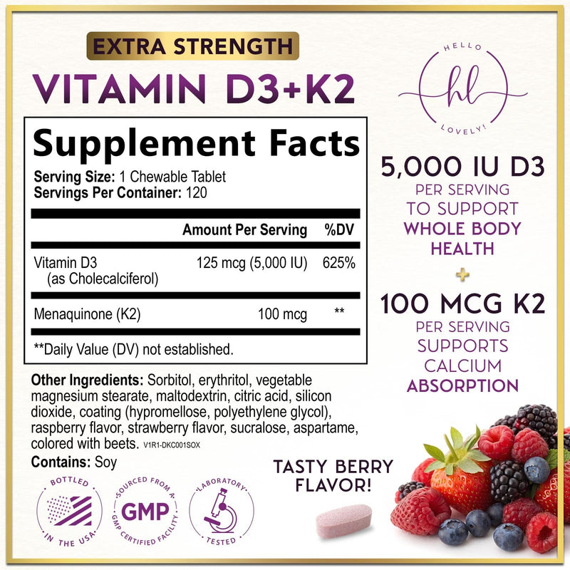 Vitamin D3 K2 - 5000 iu Vitamin D3 Per Serving Vitamin K2 (MK-7) Complex for Immune Support - Natural Bone, Teeth & Muscle Health Support - Berry Chewable, Gluten Free, Bottled in USA - 120 Tablets