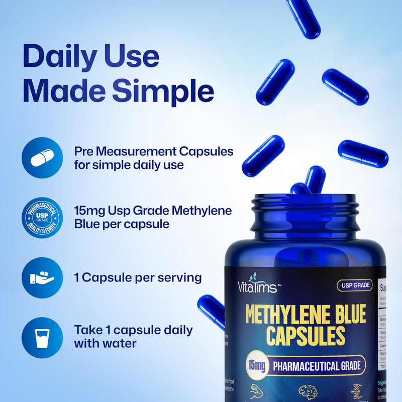Methylene Blue Capsules 15mg - USP Grade Pharmaceutical Supplement, 99% Pure with Vitamin C Ester - Non-GMO, Vegan Pills for Focus, Memory & Cognitive Energy - 60 Count