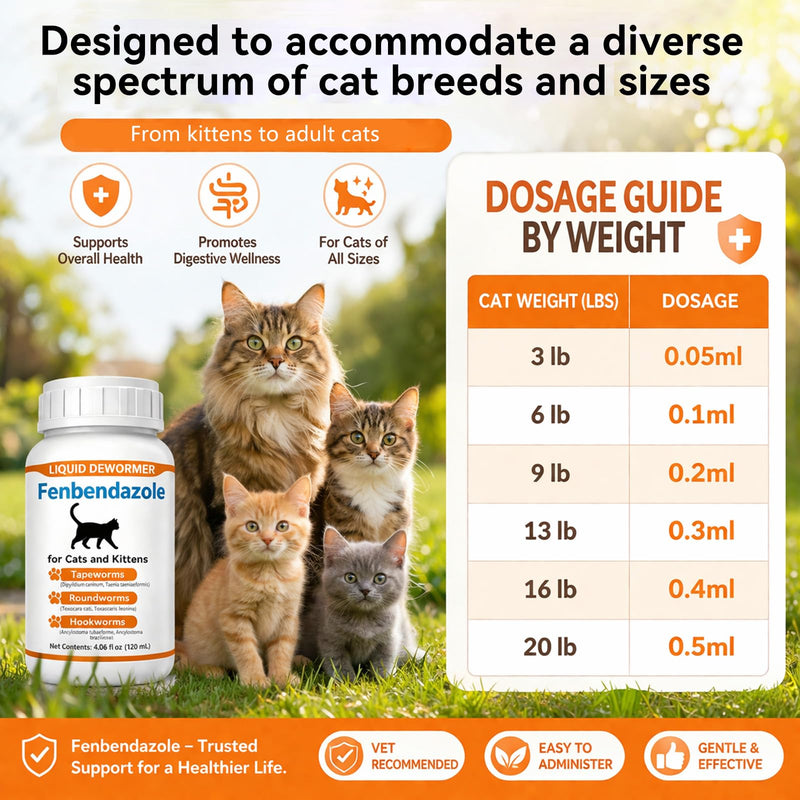 Cat Dewormer Liquid for Cats & Kittens, Fenbendazole Broad Spectrum for Tapeworms, Roundworms & Hookworms, Supports Intestinal Health, 120ml
