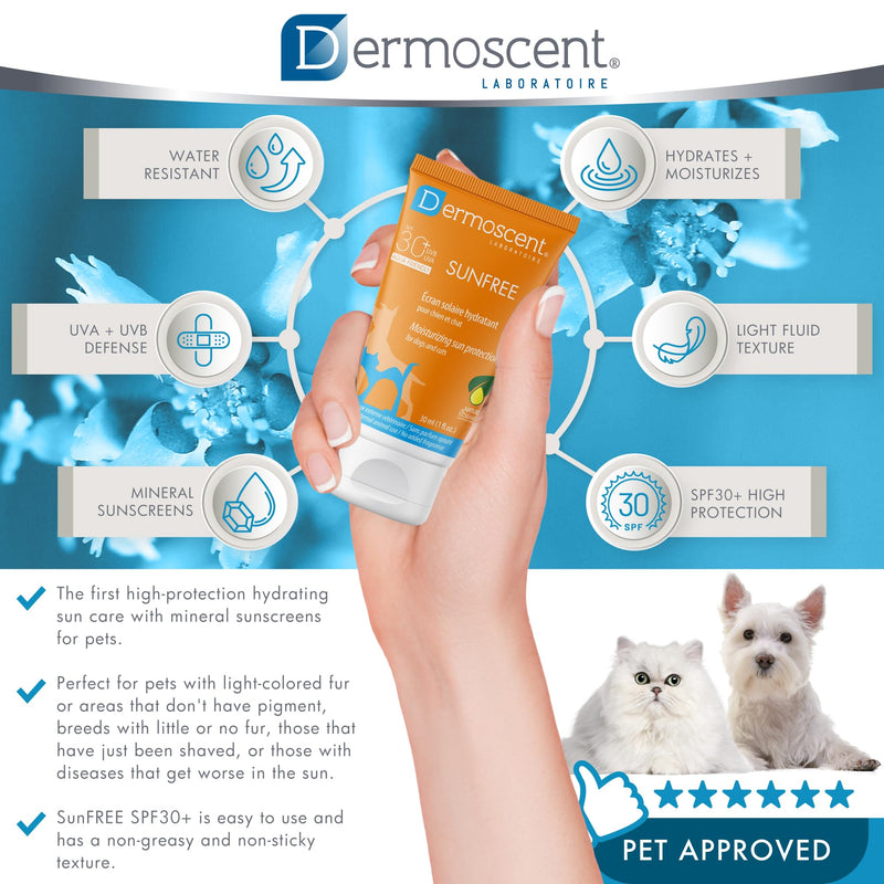 Dermoscent SunFREE SPF30+ Cat & Dog Sunscreen - Safe & Natural Mineral Sunscreen Moisturizing Sun Protection - 30 Ml / 1 Fl. Oz.