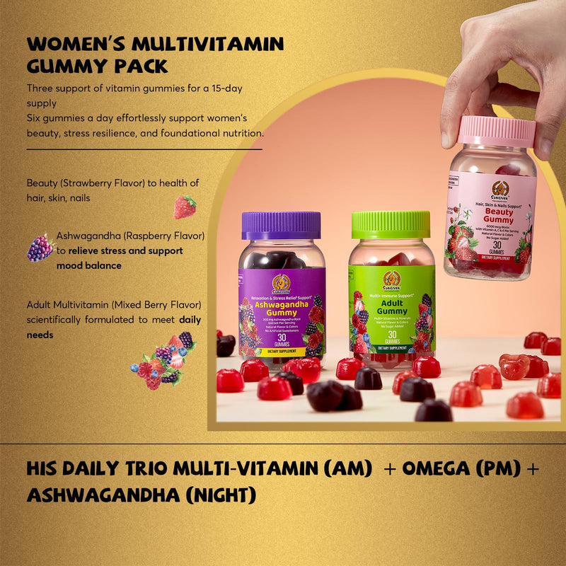 Women's Multivitamin Gummy Pack, 3 Support for Hair Skin Nails Sleep Daily Health, Vitamins A, D, C, E, Biotin, Ashwagandha, Folic Acid, Adult Chewable Vitamin, Berry Flavor, 15 Day Supply - 90 Count Women 30 Count (Pack of 3)