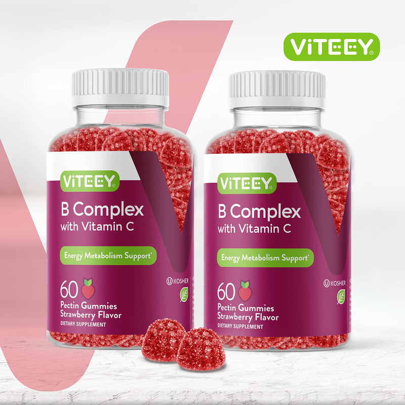 Viteey Vitamin B Complex Gummies with Vitamin C - 120 Count | B6, B12, Niacin,Folic Acid, Biotin, Pantothenic acid - Energy, Metabolism & Immune Support - Vegan, Gluten-Free 60 Count (Pack of 2)