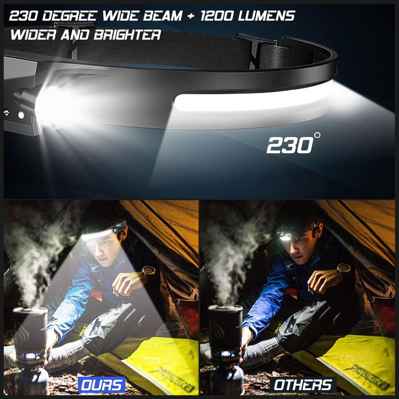 Headlamp Rechargeable 8 Pack, LED Headlight Flashlight Super Bright with 230° Wide Beam, Motion Sensor, 5 Modes Waterproof Head Lamp for Outdoor Hiking Running Camping Black - BeesActive Australia