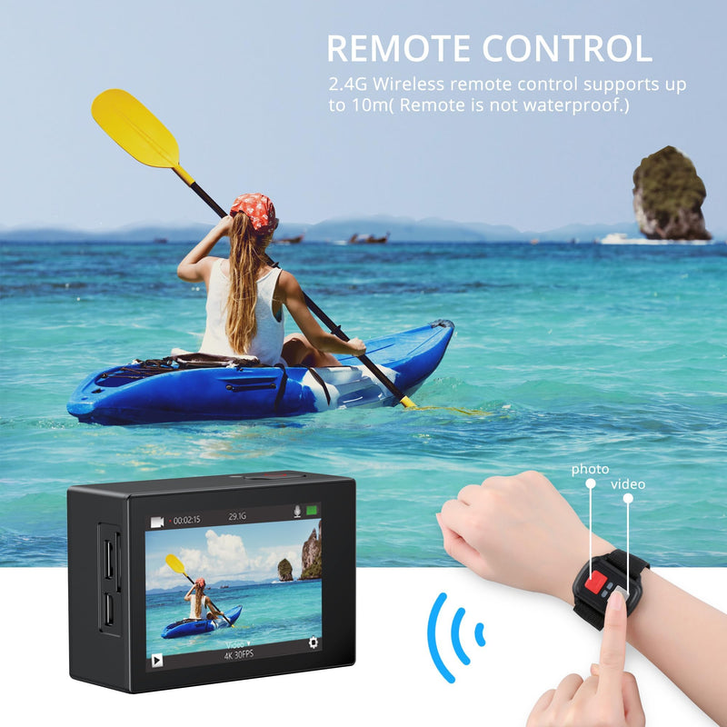 Dragon Touch 4K Underwater HD Action Camera, Vision 3 Pro Touch Screen 20MP 100FT Waterproof Video Camera Adjustable View Angle WiFi Sports Camcorder with Remote Control Helmet Accessories - BeesActive Australia