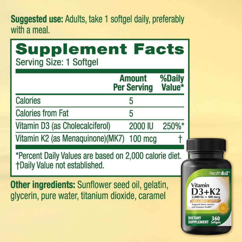 HealthA2Z® Vitamin D3 (2,000 IU) + K2 (100mcg) - 360 Softgels (Pack of 1) | Helps Calcium Absorption, Supports Bones & Teeth, Mood & Immune Health*