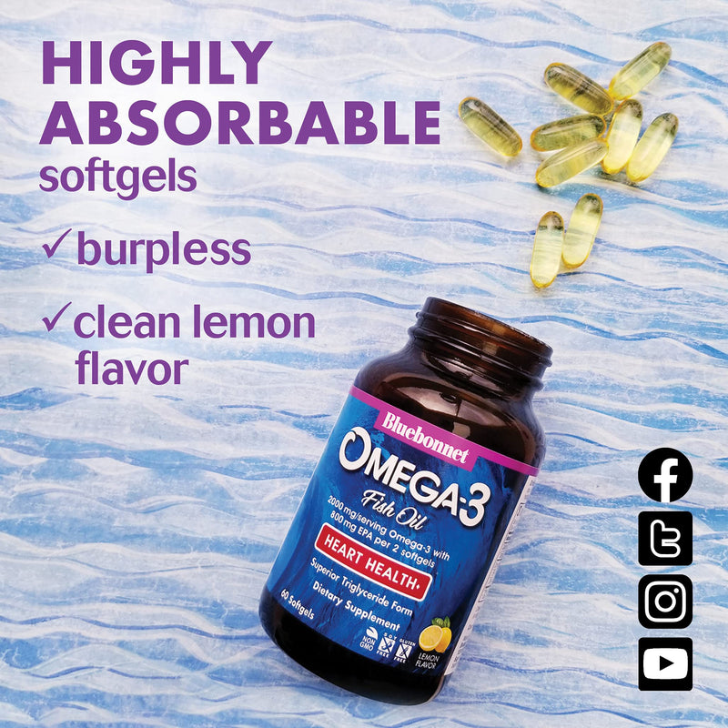 Bluebonnet Nutrition Omega-3 Heart Formula Natural Wild Caught Triglyceride Form DHA 600 mg EPA 800 mg - Highly Concentrated Heart Health Support Supplement - Gluten-Free - 60 Softgel | Heart Health; Gluten-Free, Soy-Free