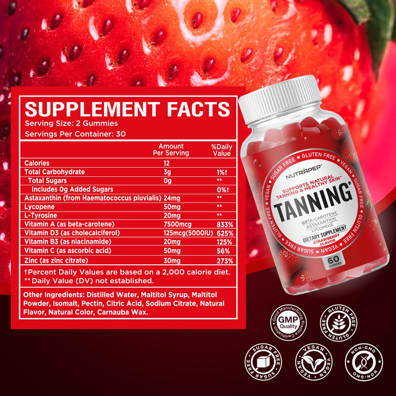NutraPep Tanning Gummies for Women - Self Tan Bronzing Oral Tanning Chews | Work Without Sun - No Sugar Vegan with Astaxanthin Lycopene Beta Carotene Vitamins - Glow Skin Health Daily Supplement 60 Count (Pack of 1)
