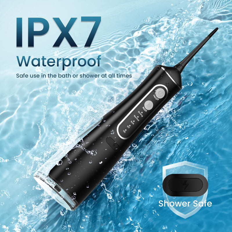 Water Flosser Teeth Cleaner, 4 Modes Cordless Portable Oral Irrigator, 300ML Larger Tank Rechargeable Water Dental Pick with DIY Strength, IPX7 Waterproof Flossing Cleaning Picks for Home Travel Black