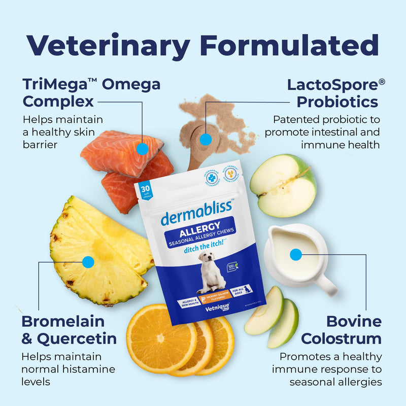 Vetnique Dermabliss Dog Allergy Anti Itch Spray (4oz) & Dermabliss Itch Relief Allergy Soft Chew Supplement (30ct) - PawsPlanet Australia
