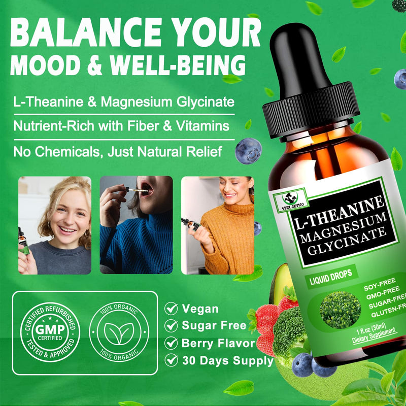L Theanine Drops, Liquid L-Theanine Supplement 200mg w/Magnesium Glycinate,Vitamins,Fiber for Relaxation,Sleep,Digestion, Calm,High Absorption Mood Support for Adults & Kids,Plant Based,Non-GMO