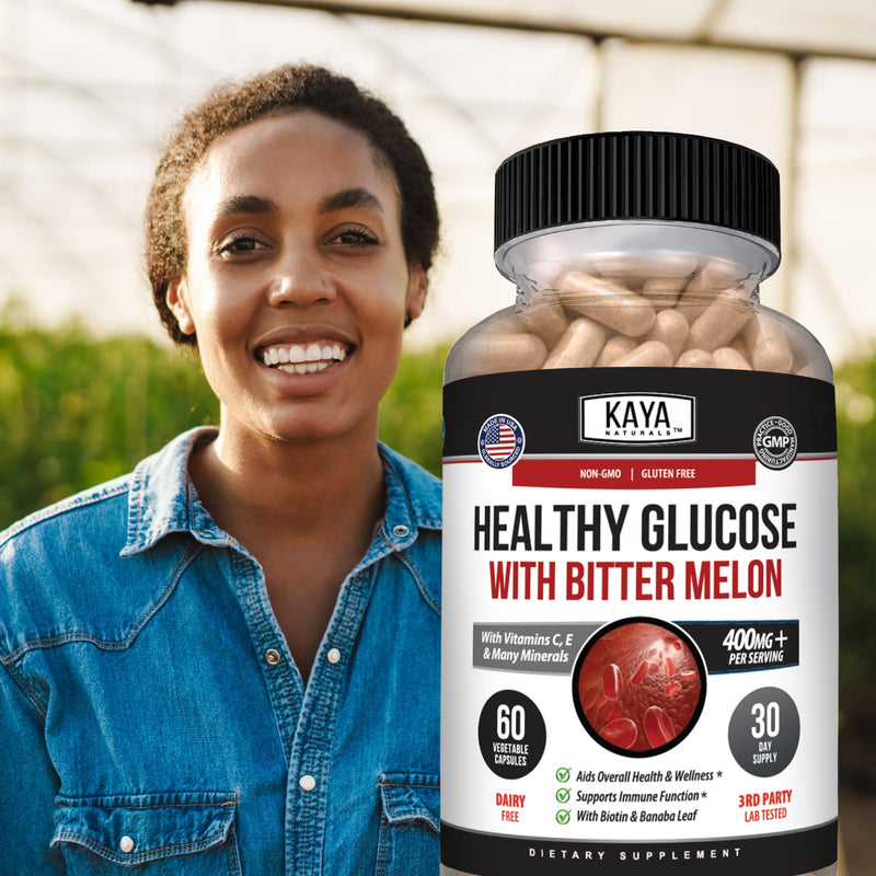 Kaya Naturals Healthy Gluco with Bittermelon Supplement | Support Healthy Levels and Function, 20 Herbs Vitamins and Minerals, Alpha Lipoic Acide, Cinnamon, Vitamin C & E, Non-GMO (60 Count)