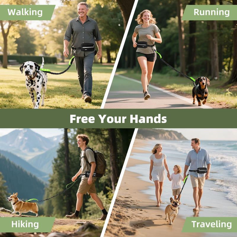 VavoPaw Hands Free Dog Leash with Pouch, Waist Leash for Dog Walking, Jogging, Hiking, Retractable Leashes with Dual Padded Handles, Adjustable Reflective Belt for Small Medium Large Dogs, Black Green 1 Leash