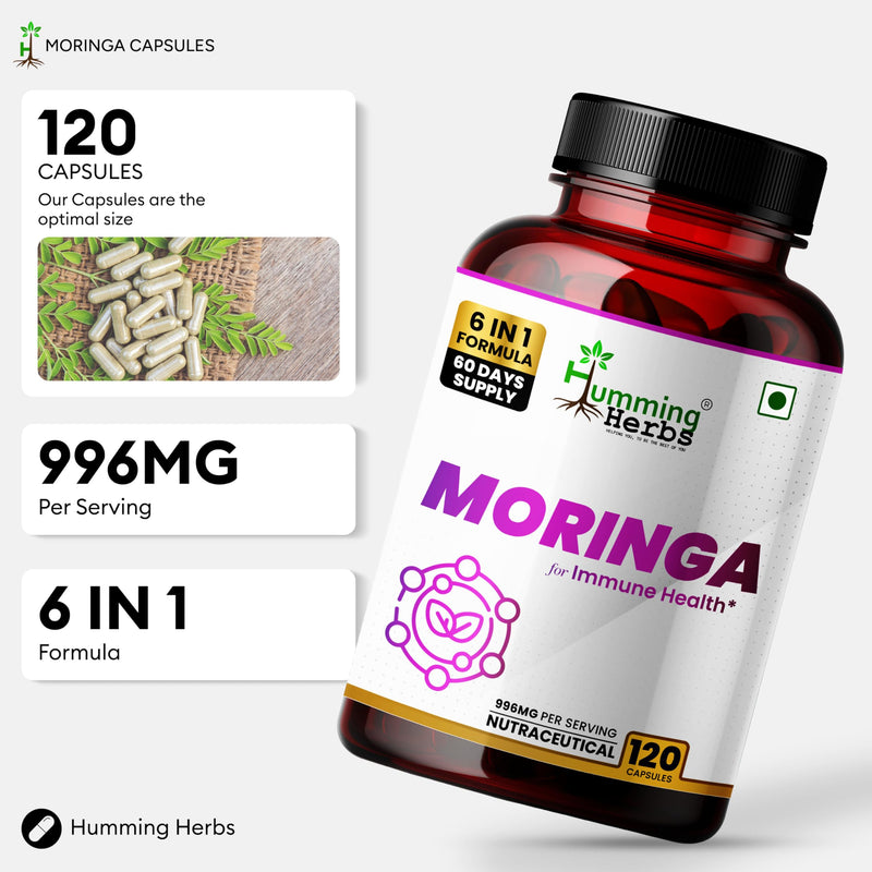 Humming Herbs Moringa Leaf Extract Complex with Resveratrol, Astaxanthin, Glutathione, Vitamin C & Folic Acid — 996 mg per Serving — 120 Vegetarian Capsules (60 Servings)