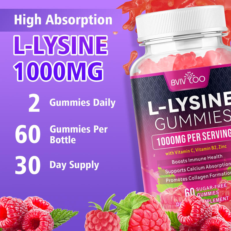 L-Lysine 1000mg Gummies for Immune Support & Skin Health - High Potency Vegan, Sugar-Free, Gluten-Free Supplement with Natural Raspberry Flavor for Adults & Kids - 120 Gummies 2pack