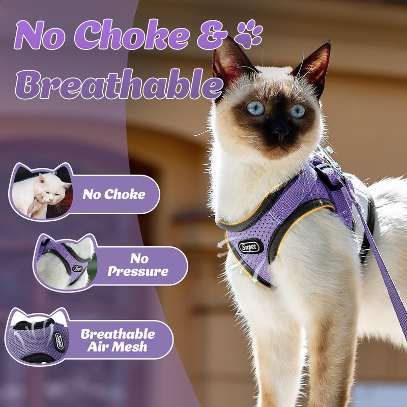 Supet Cat Harness and Leash Set for Walking and Small Dog Soft Mesh Harness Adjustable Vest with Reflective Strap Comfort Fit for Pet Kitten Puppy Rabbit S (Chest: 9.5" - 13.0") Purple - BeesActive Australia