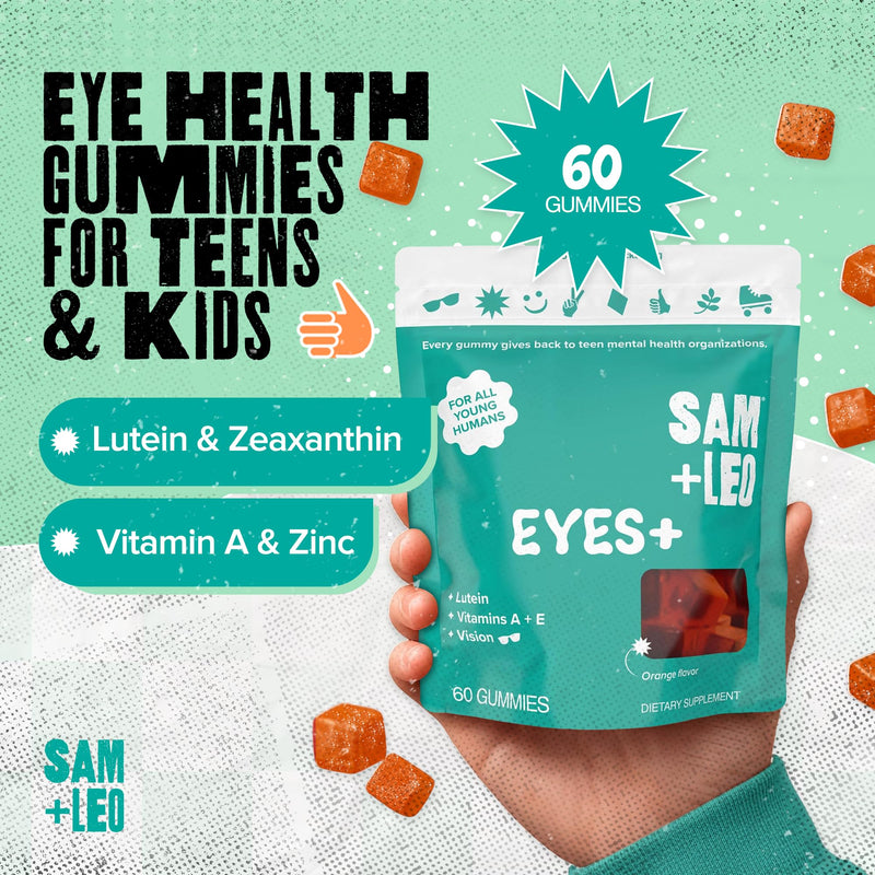 SAM+LEO Eye Gummies, Kids & Teens, Vitamins A, E, & C, Lutein, Orange, 60ct | Lutein, Zeaxanthin plus Vitamins A, C, E & Zinc, vegan, gluten-free vision support gummies, orange flavor, ages 4+ Eyes