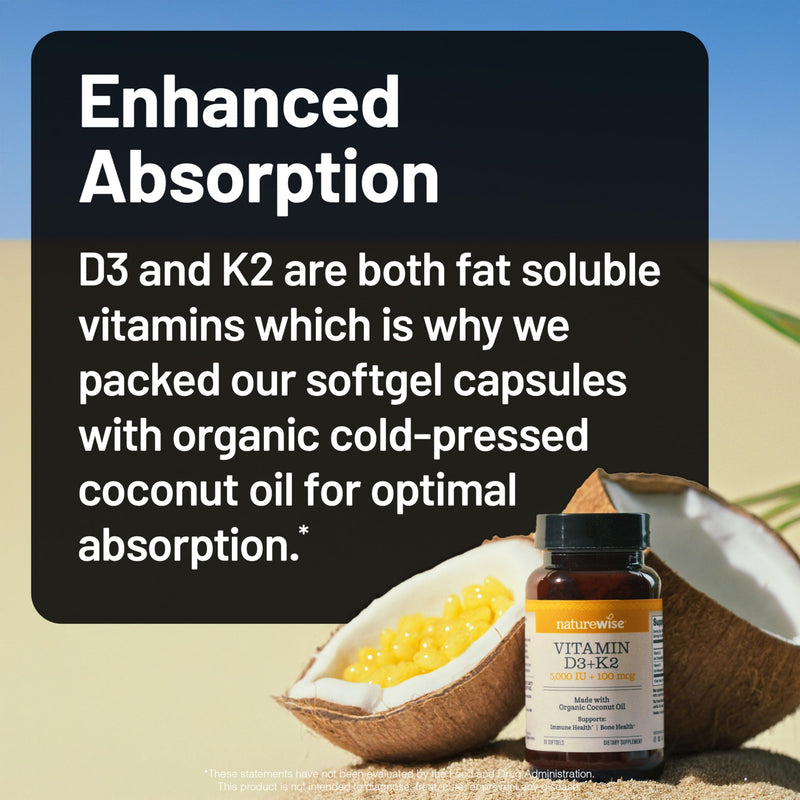 NatureWise Vitamin D3 5000IU + K2 MK-7 100mcg Supplement, 90 Softgels | D3 K2 as MK-7 Supplement - Organic Extra Virgin Coconut Oil - Calcium Absorption & Immune Health Support - 3-Month Supply 90 Count (Pack of 1)