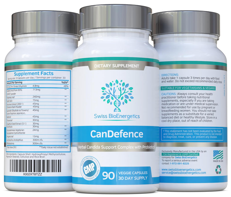 Swiss BioEnergetics CanDefence — Herbal & Probiotic Digestive Support Supplement with Caprylic Acid, Oregano, Garlic, Aloe Vera, Probiotics & Zinc — 90 Vegetarian Capsules, 30 Day Supply
