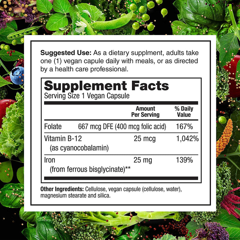 PlantFusion Vegan Iron Supplement with Ferrochel, 25mg, 90 Capsules | Plant based iron and natural iron for women and men with Ferrochel, folate and vitamin B12; gentle and easy on stomach Complete Iron