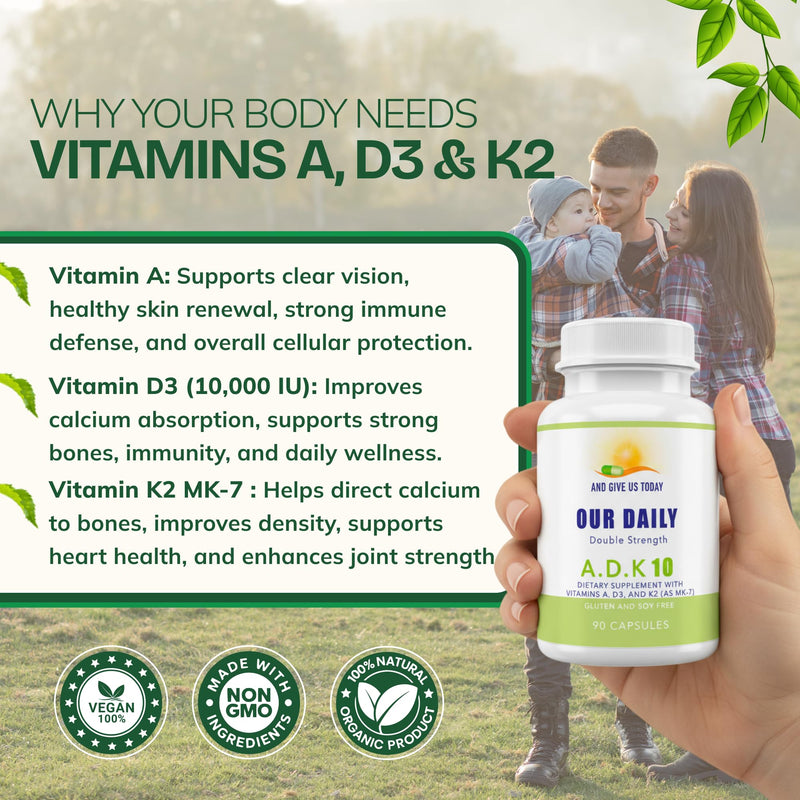 Daily Vites ADK 10 - ADK Vitamin Supplement - High Potency Vitamin A, D3 10,000 IU & K2 (MK-7) - Physician Formulated for Bone, Heart & Immune Support - Non-GMO, Gluten Free - 90 CT (3-Month Supply) 90 Count (Pack of 1)