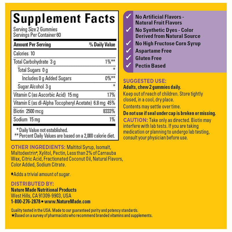 Nature Made Zero Sugar Hair Skin Nails Gummies, 120 Sugar Free Gummies | Biotin 2500 mcg per Serving, Support Healthy Hair, Skin and Nails, Strawberry Flavor, 60 Day Supply 120 Count (Pack of 1)