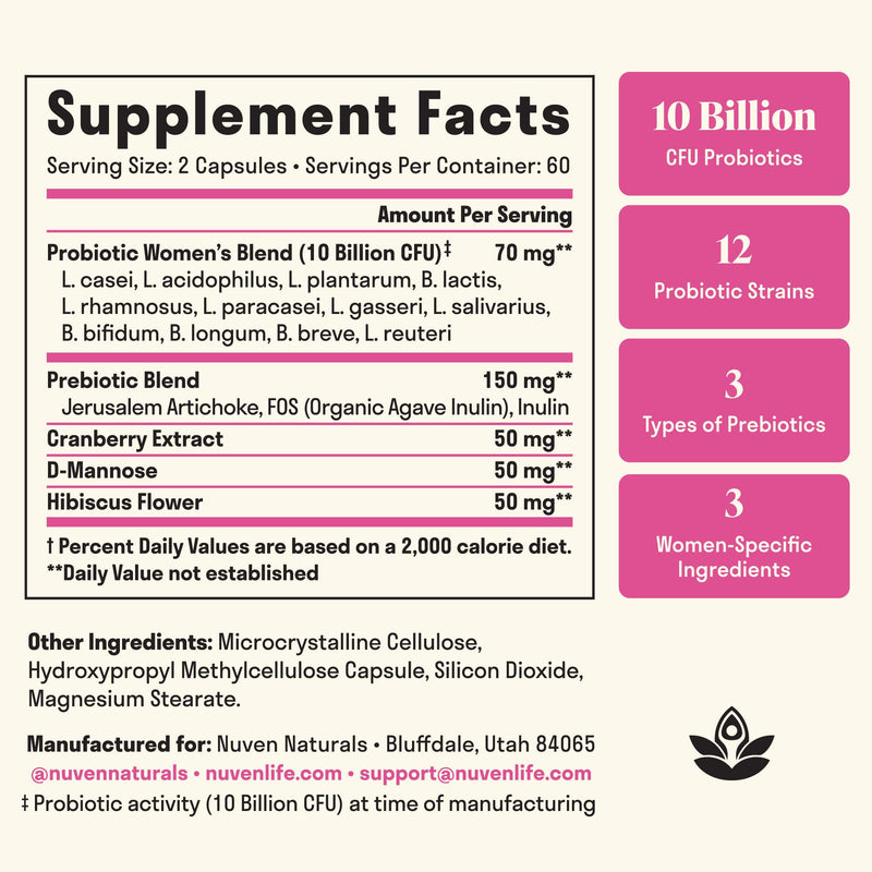 3-in-1 Womens Probiotic - Probiotics, Prebiotics, D-Mannose, 60 Day Supply | Prebiotics and Probiotics for Women, Ingredients to Support Digestive Health, Vaginal Health & pH Balance, Women Probiotic*