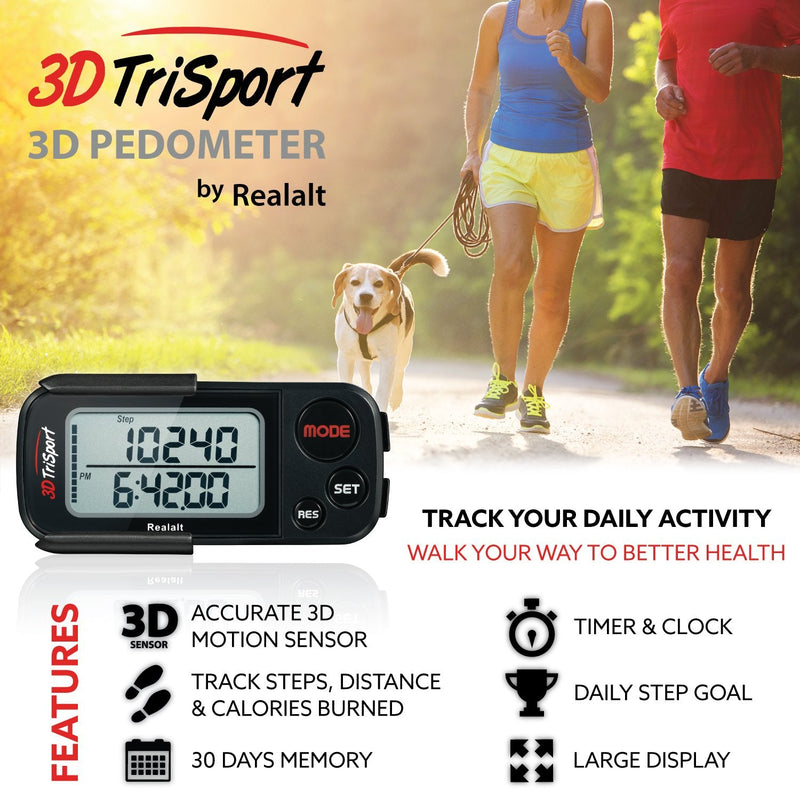 Realalt 3DTriSport 3D Walking Pedometer with Clip & Strap, Accurate Step Counter with 30-Day Memory, Distance in Miles/KM with Large Display Perfect for Seniors & Beginners, eBook Included One Size Stealth Black