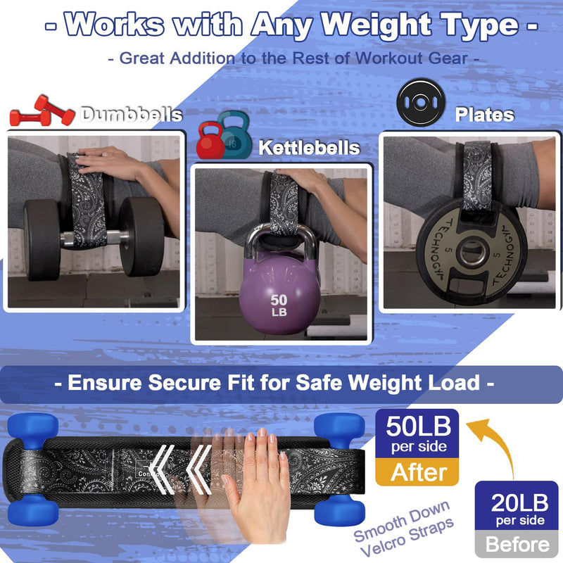 Hip Thrust Belt with 3 Resistance Bands - Adjustable Fitness Belt for Dumbbells, Kettlebells, Plates - Support Up to 100 lbs - For Glute Workouts at Home Gym - Gifts Ideas for Women, Black Printed | One Strap Black-Set - BeesActive Australia