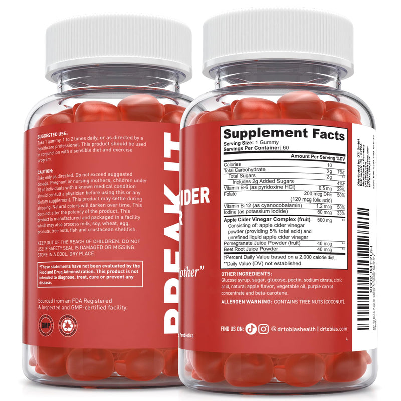 Dr. Tobias Apple Cider Vinegar Gummies with The Mother 60 Count | Digestive & Daily Wellness Support | 500 mg ACV | Folate + B6 + B12 + Iodine | Vegan | 30 Servings 60 Count (Pack of 1)