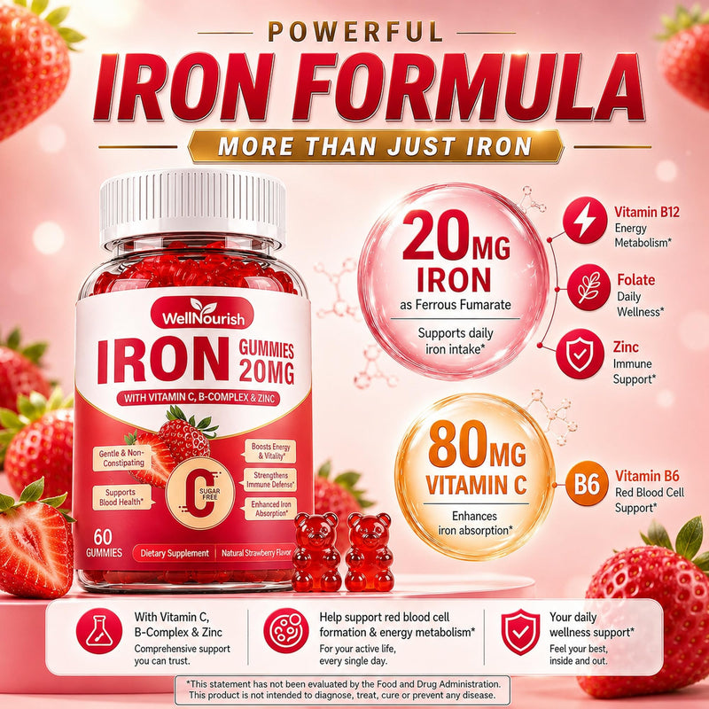 Iron Supplement Gummies, 20mg, Women & Kids, 2 Pack, 120 Count | Sugar-free strawberry iron gummies with vitamin C, B12, folate & zinc; gentle, non-constipating, with no metallic taste. 60 Count (Pack of 2)
