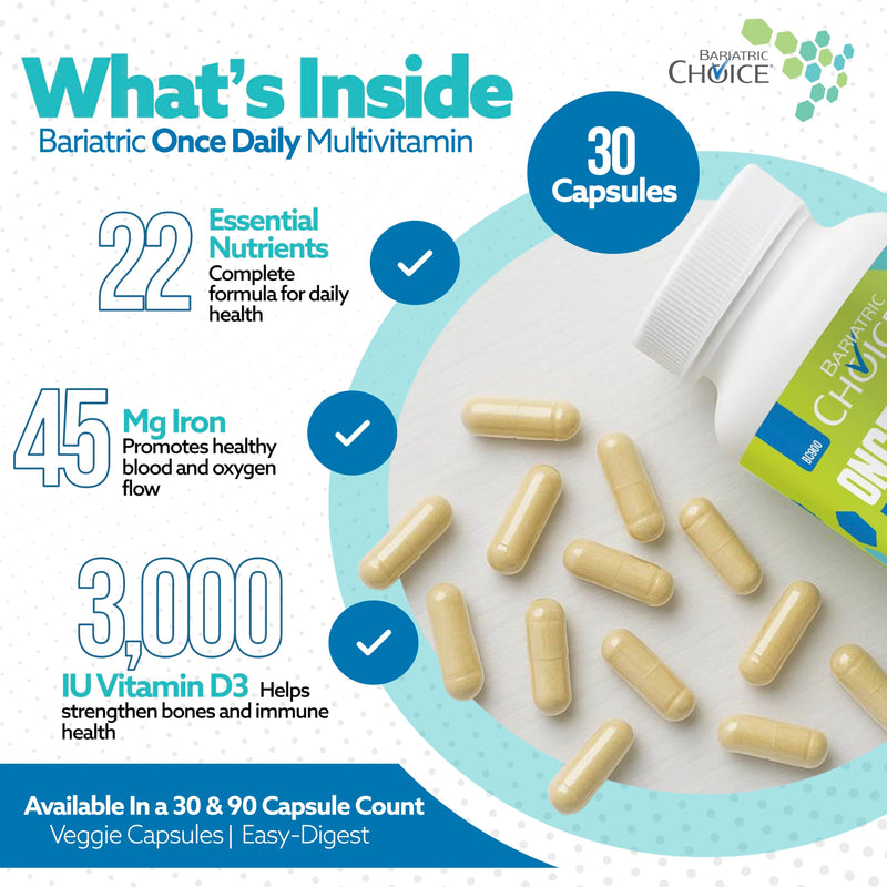 Bariatric Choice Once Daily Bariatric Multivitamin with Iron 45mg, 1 Month | 1-Mo Supply, Once Daily Easy-to-Swallow Capsule for Gastric Bypass & Sleeve Patients – High Potency Vitamins A, D, B12, More 1 Count (Pack of 30)