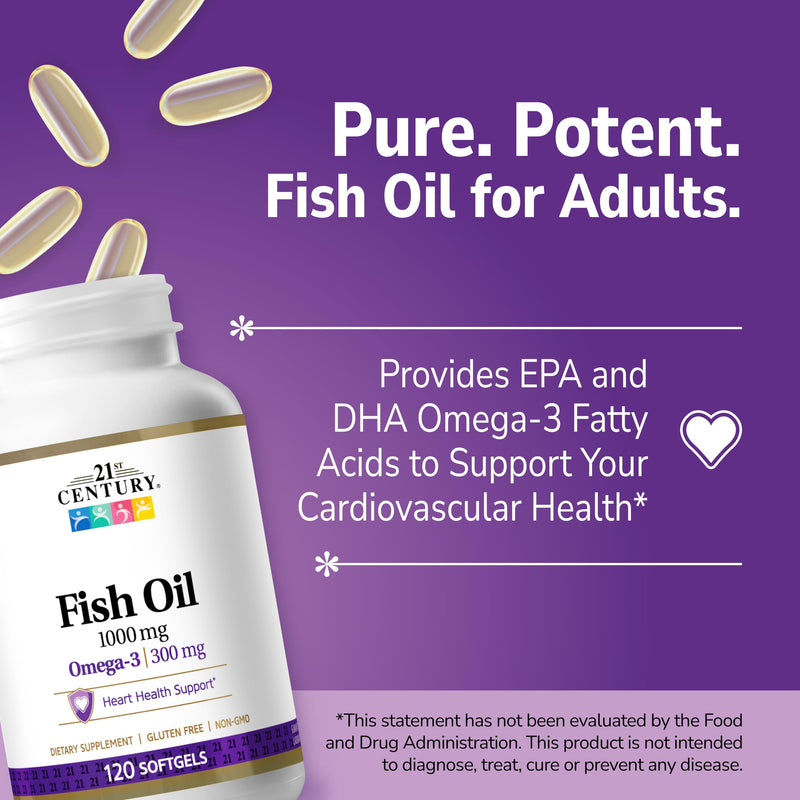 21st Century Fish Oil 1000mg Omega-3 Softgels, Mercury-Filtered, 120ct | Omega-3 Fish Oil with 300 mg EPA & DHA, Heart & Cardiovascular Health Support, Gluten Free, Non-GMO 120 Count (Pack of 1)