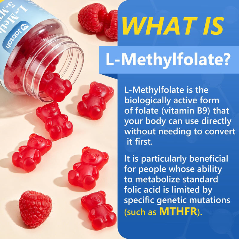 L-MethylFolate 15mg+ Methyl B12 Gummies for Kids & Adults - Active 5-MTHF with Methyl B6, B1, B2 Multivitamin, Supports MTHFR Gene, Cognition, Focus, Vegan, Raspberry Flavor, 120 Count 60 Count (Pack of 2)