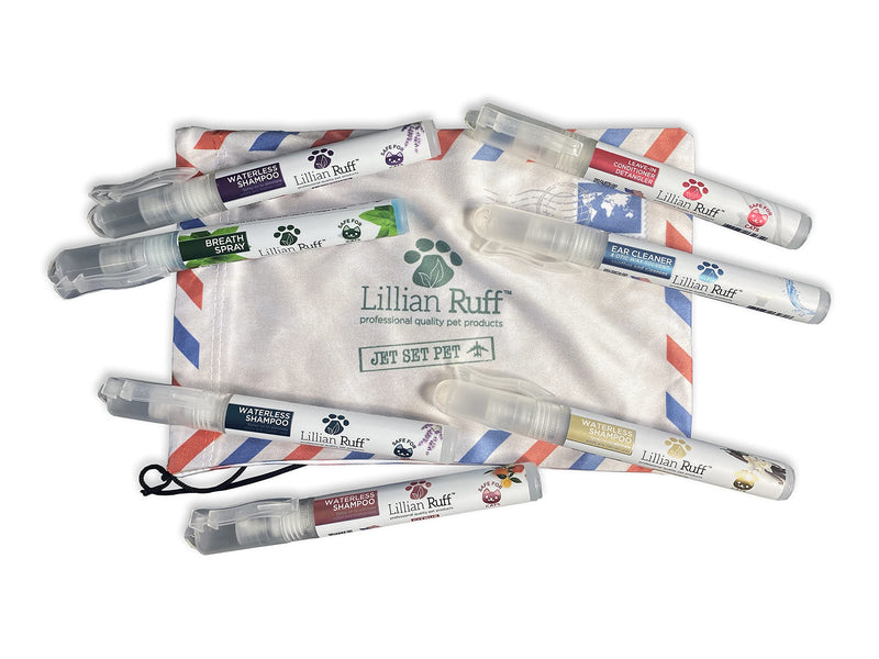 Lillian Ruff Travel Kit for Dogs | Dog Grooming Spray for Airline Travel, Dog Camping, Dog Beach | Deodorizing Waterless Dog Shampoo x4, Dog Breath Freshener, Dog Detangler Spray, Dog Ear Cleaner - PawsPlanet Australia