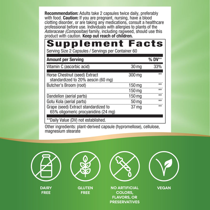 Nature's Way Leg Veins - Supports Healthy Leg Vein Strength* - 6-Herb Blend - With Horse Chestnut Extract, Dandelion - Vegan & Gluten Free - 120 Vegan Capsules (Pack of 2) 240 Count (Pack of 1) - BeesActive Australia