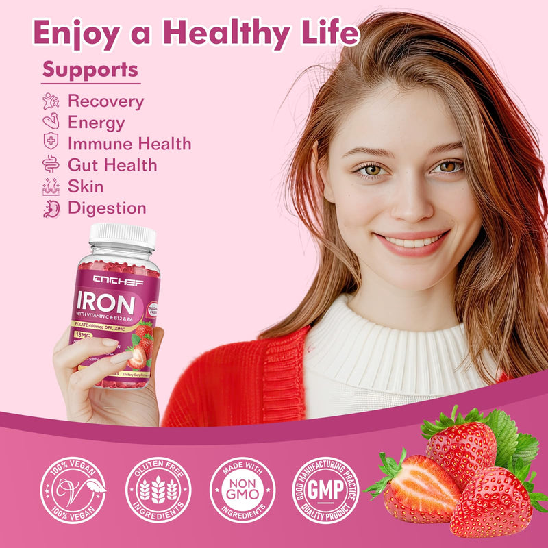 2 Pack Iron Gummies with Multivitamin, Iron Supplement for Women & Men with Folate, Zinc & Vitamin C, B12, B6 for Adults & Kids - Blood Builder & Energy Support for Iron Deficiency - 120 Gummies Strawberry 60 Count (Pack of 2)
