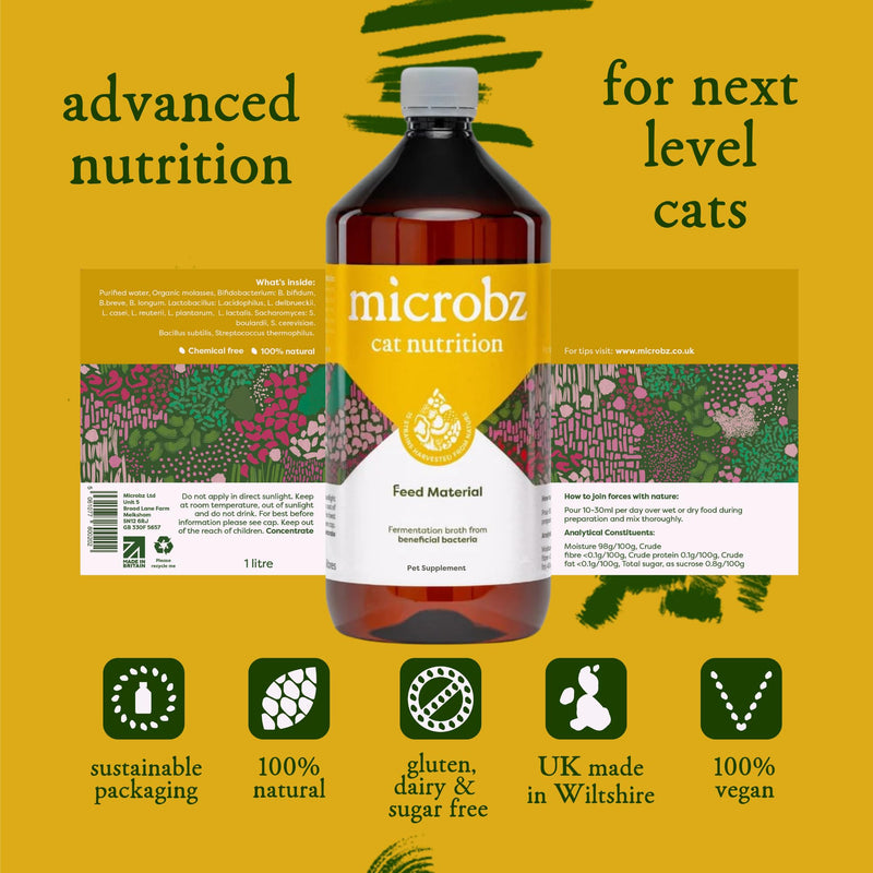 MICROBZ CAT NUTRITION | 1 Litre | Liquid Beneficial Microbes for Cats Gut Digestive Health & Coat Care – Gluten & Dairy Free, 100% Natural - Up to 100 Servings