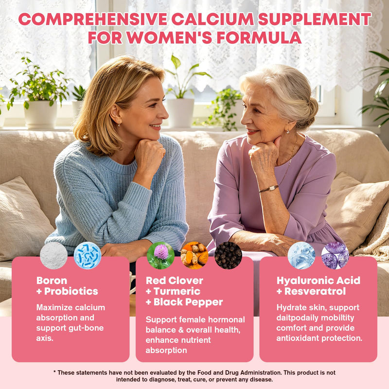 Calcium Gummies for Women，Calcium Citrate 1200 mg with Vitamin D3, K2, B12, Magnesium, Zinc & Boron, Immune Support, Calcium Supplement for Women, Vegan, Sugar-Free, 60 Count