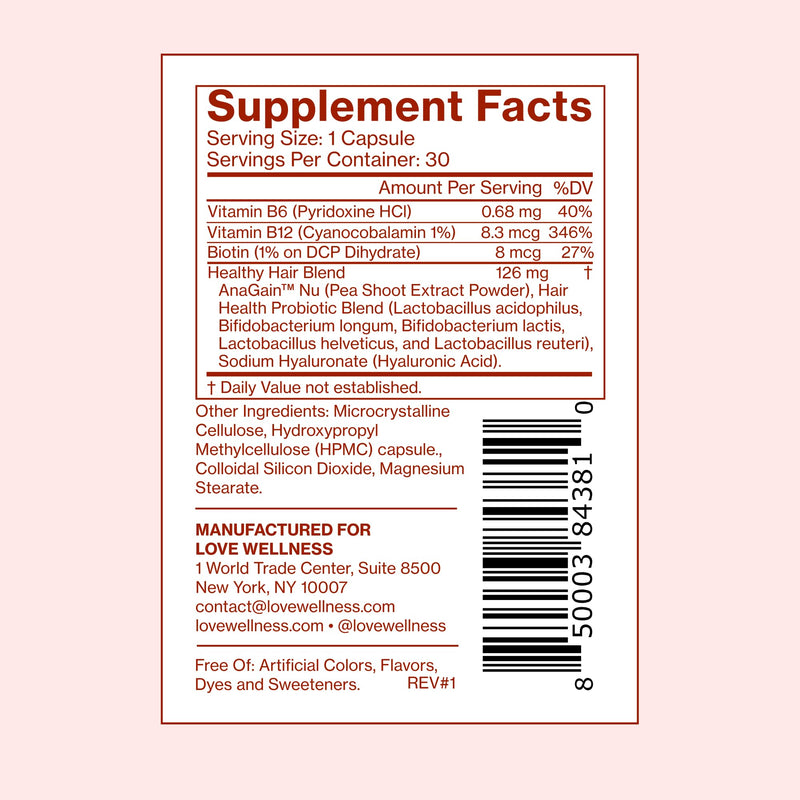 Love Wellness Healthy Hair Probiotics | Biotin, Vitamin B12 & B6 | 30 Ct | Contains healthy hair blend, AnaGain™ Nu, probiotic blend, hyaluronic acid, Non-GMO, gluten-free, Sugar-free, 1 cap daily